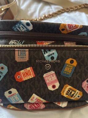 Michael Kors Brown Crossbody with Colorful Ticket-Print